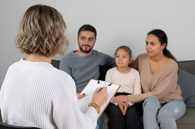 Over-the-shoulder view of a female therapist writing on a clipboard while consulting with a mother, father, and young daughter during a supportive coaching session.