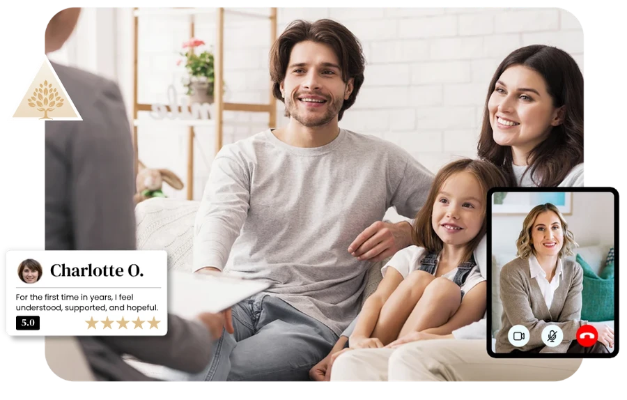 Happy family on a sofa during a Maddie Cox Therapy Bowen Family Systems Therapy session with virtual video call inset.