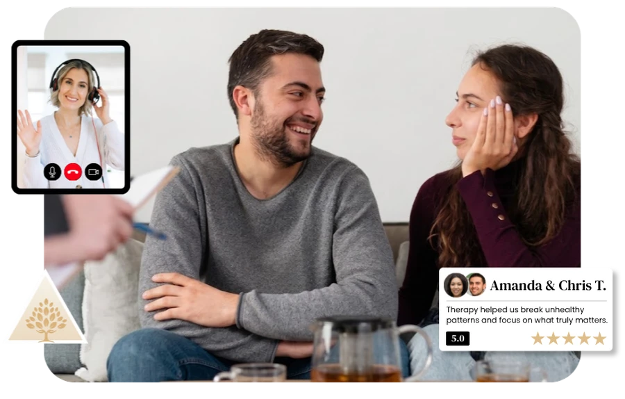 A smiling couple looking at each other during a Maddie Cox Therapy Couples Therapy session with a video call inset.