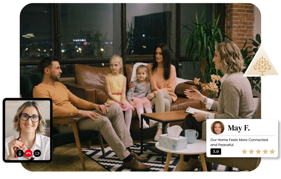 Family of four speaking with a counselor during a Maddie Cox Therapy Family Therapy session with video call inset.