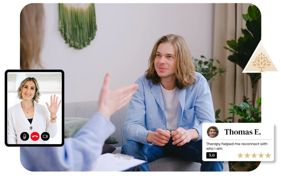 Young man sitting on a couch during a Maddie Cox Therapy Individual Therapy session with video call inset.