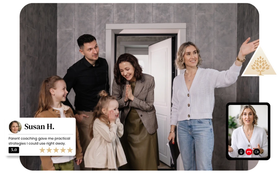 A family interacting with a professional during a Maddie Cox Therapy Parent Coaching session with a video screen.